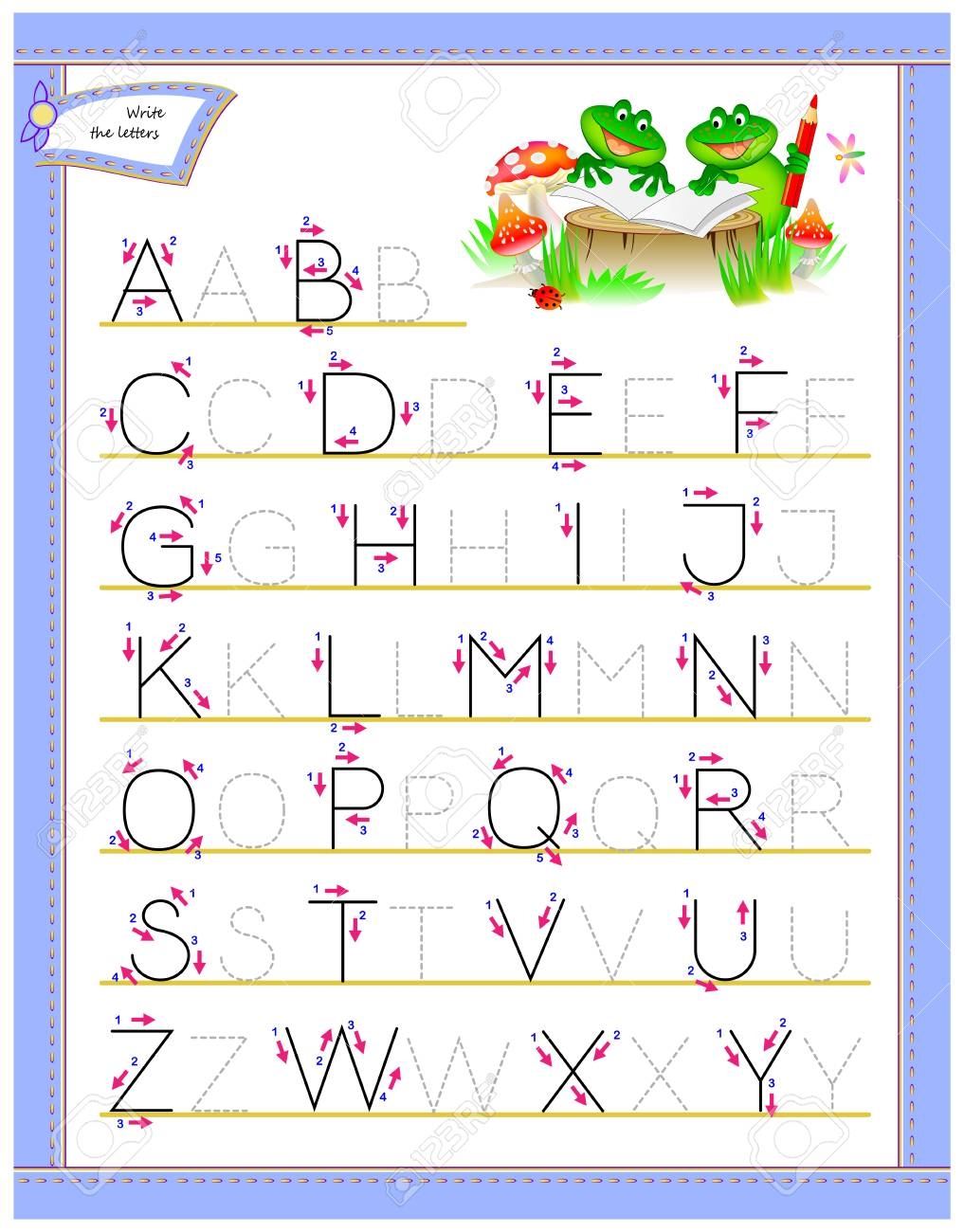 Tracing ABC Letters For Study English Alphabet Worksheet For Kids Education Page For Kindergarten Back To School Developing Children Skills For Writing And Reading Vector Cartoon Image Royalty Free SVG Cliparts Vectors 