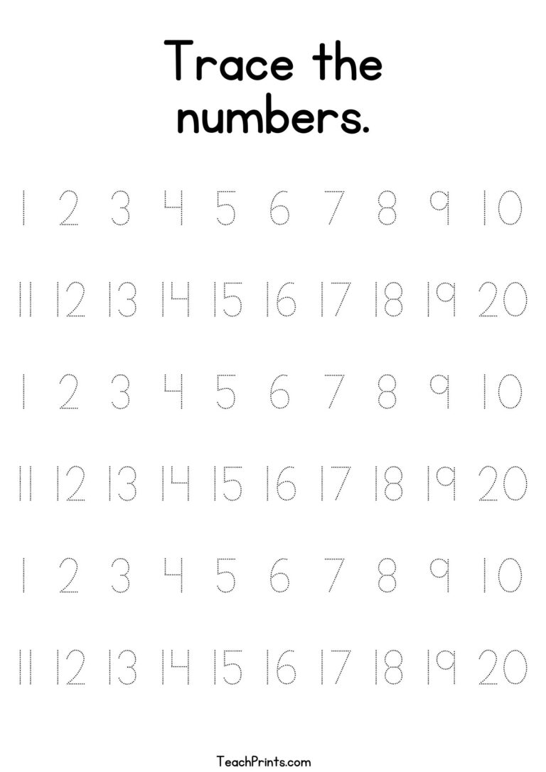 Tracing Numbers 1 20 Worksheets Free Printable Pdfs Teach Prints