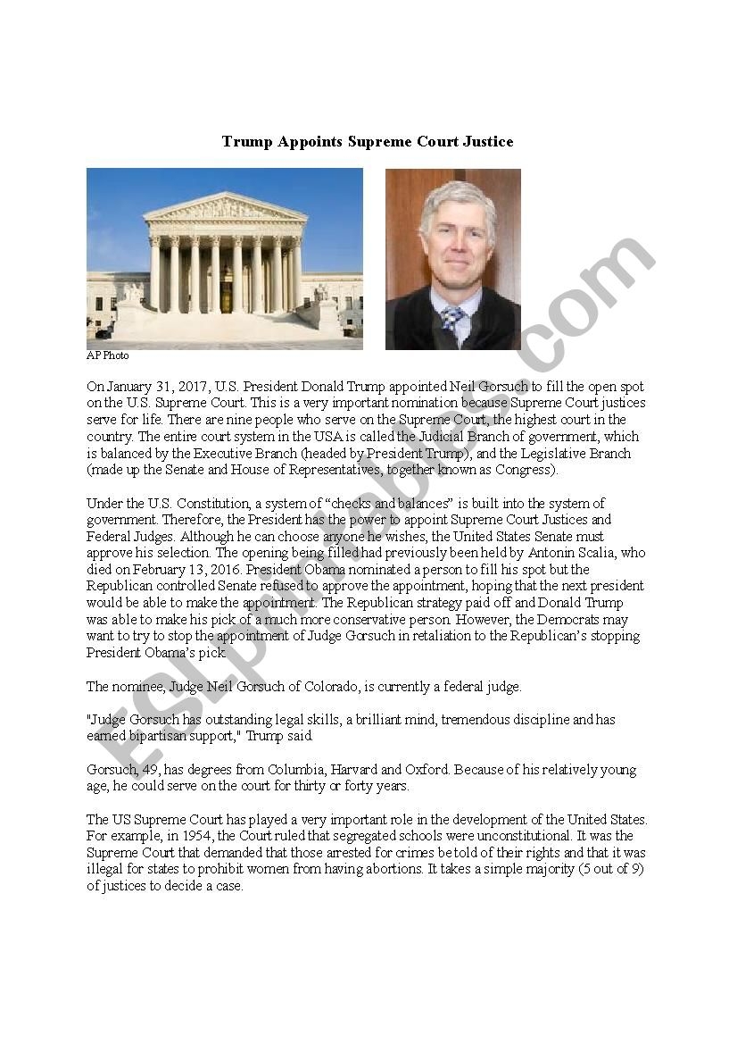 Trump Appoints Supreme Court Justice Comprehension Reading ESL Worksheet By Slkchina
