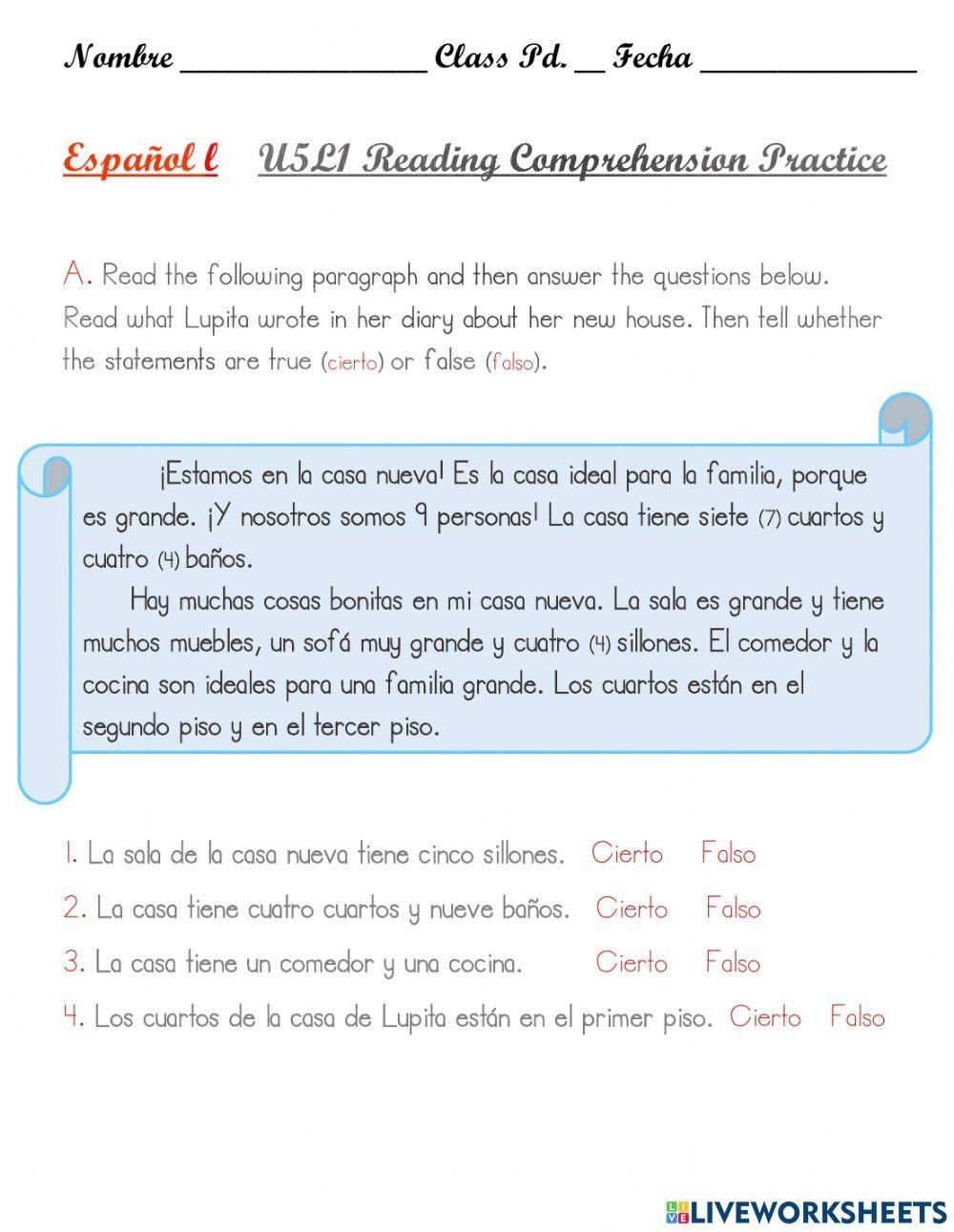 2nd Grade Spanish Reading Comprehension Worksheets