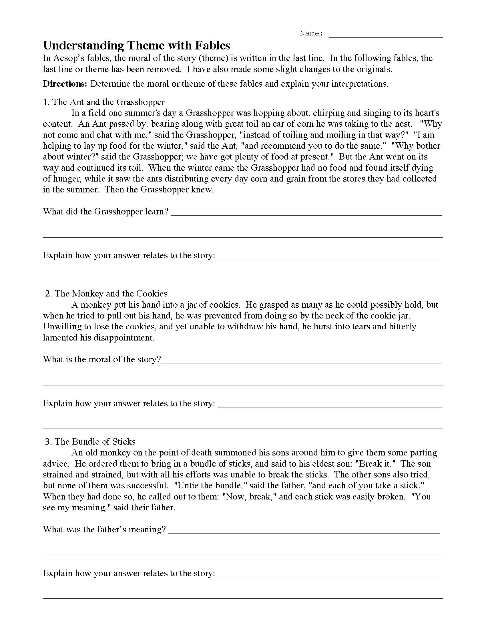 Understanding Theme With Fables 1 Reading Activity