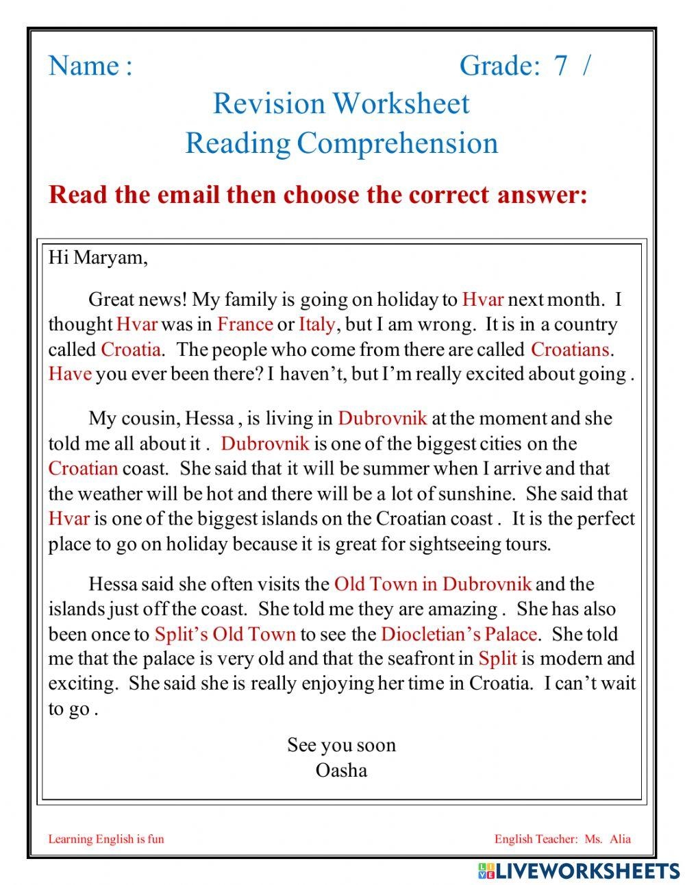 7th Grade Reading Comprehension Worksheets Online