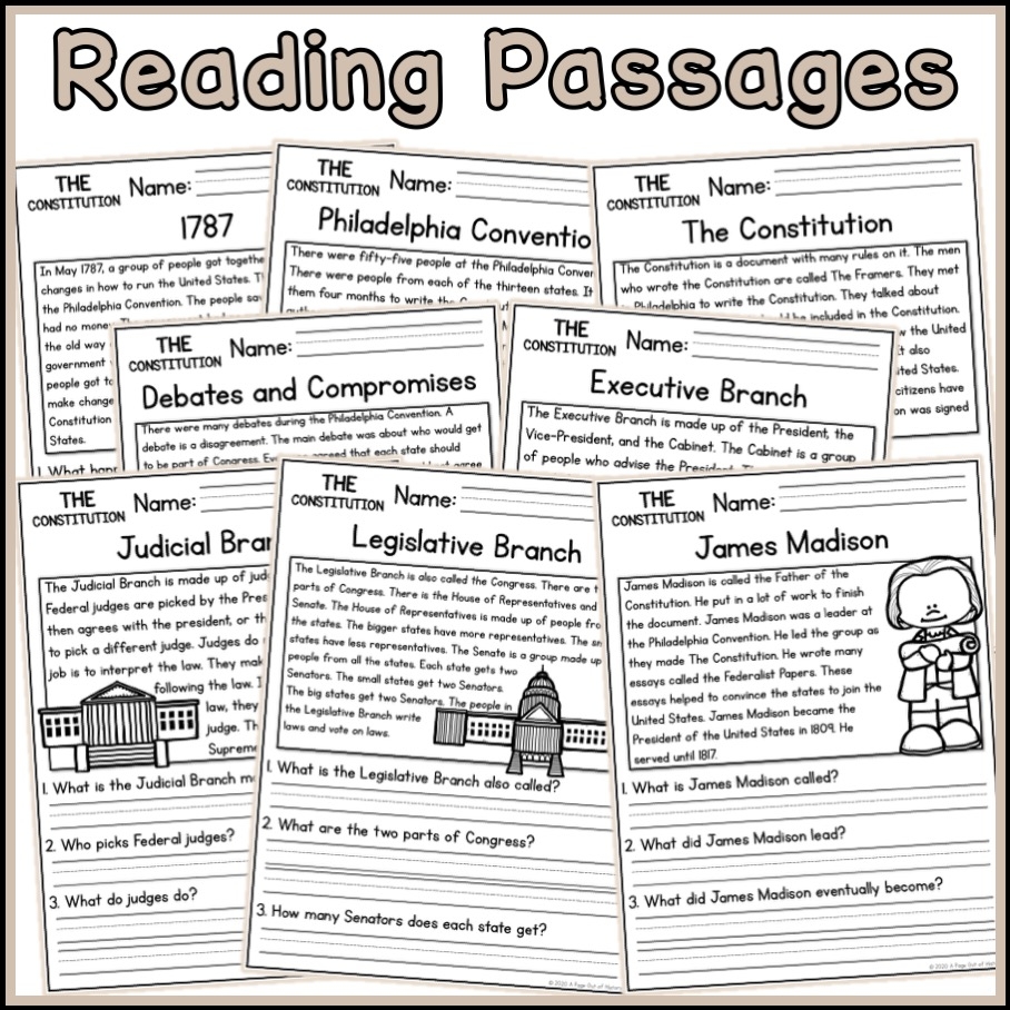 US Constitution Social Studies Reading Comprehension Passages K 2 