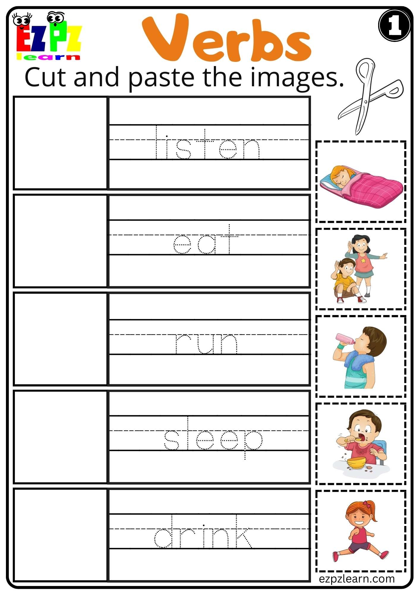 Verbs Cut And Paste Worksheet For ESL And Home Schooling Kindergarten Set 1 Free PDF Download Ezpzlearn