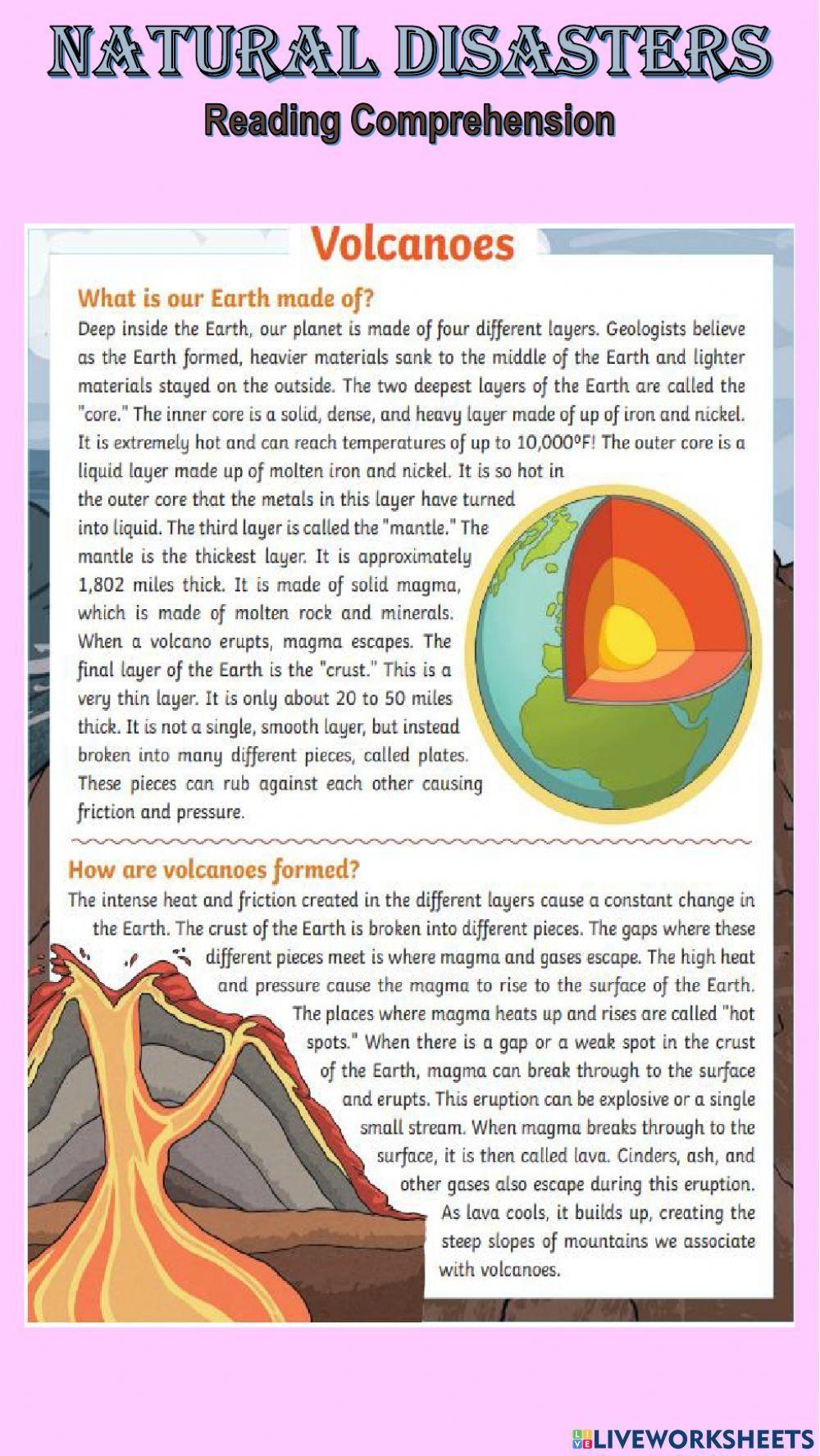 Volcanoes Reading Comprehension TeacherErikaZapata 