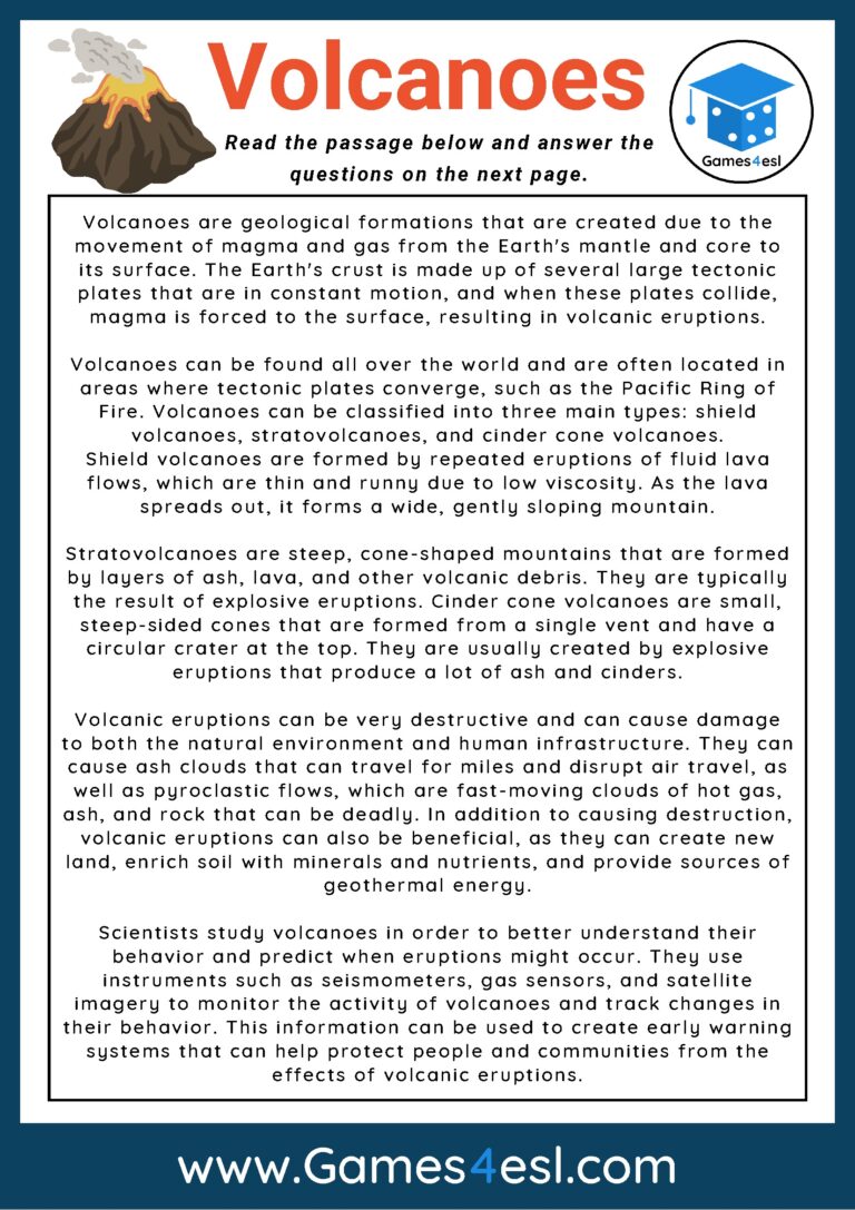 Volcanoes Reading Comprehension Worksheet Games4esl