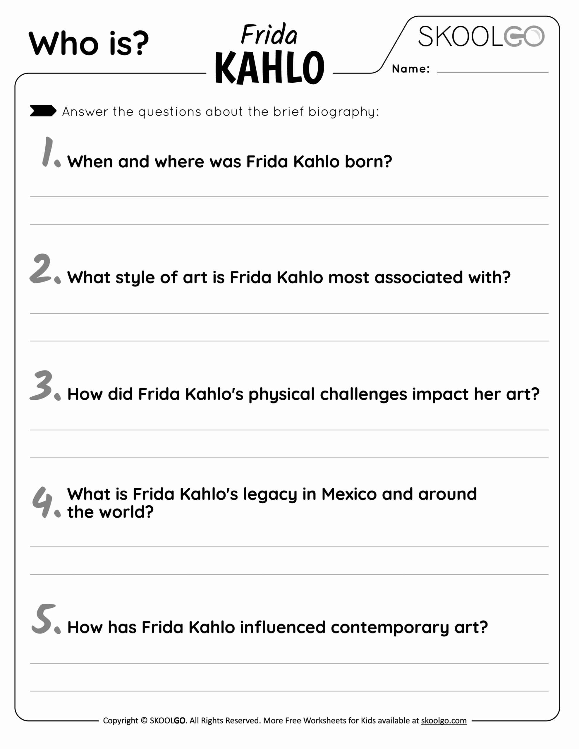 Who Is Frida Kahlo Free Worksheet For Kids SKOOLGO