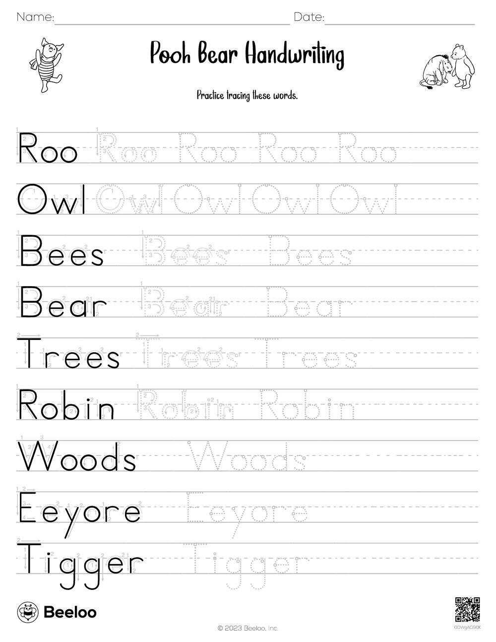 Winnie the Pooh themed Word Tracing Worksheets Beeloo Printable Crafts And Activities For Kids