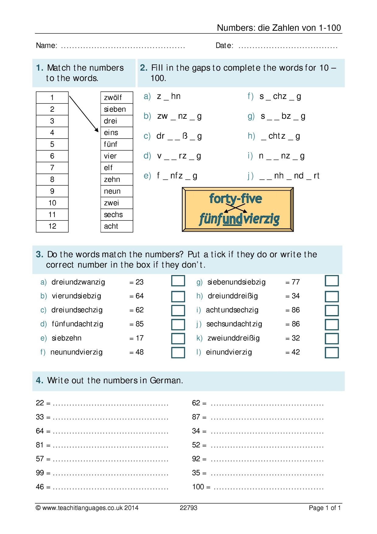 Free Printable German Numbers Worksheets