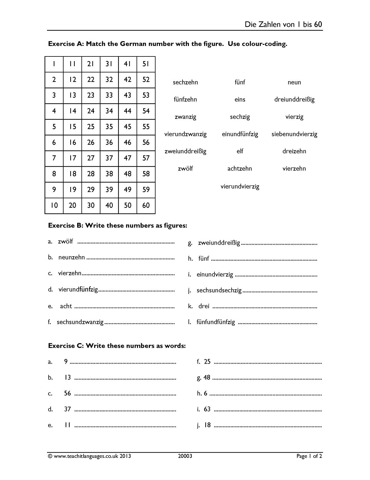 Worksheet Numbers 1 60 KS3 German Teaching Resource Teachit