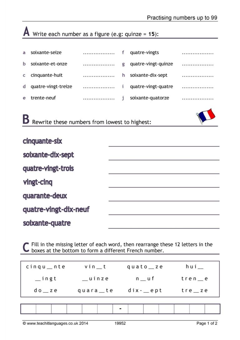 Worksheet Numbers 1 99 KS3 French Teaching Resource Teachit