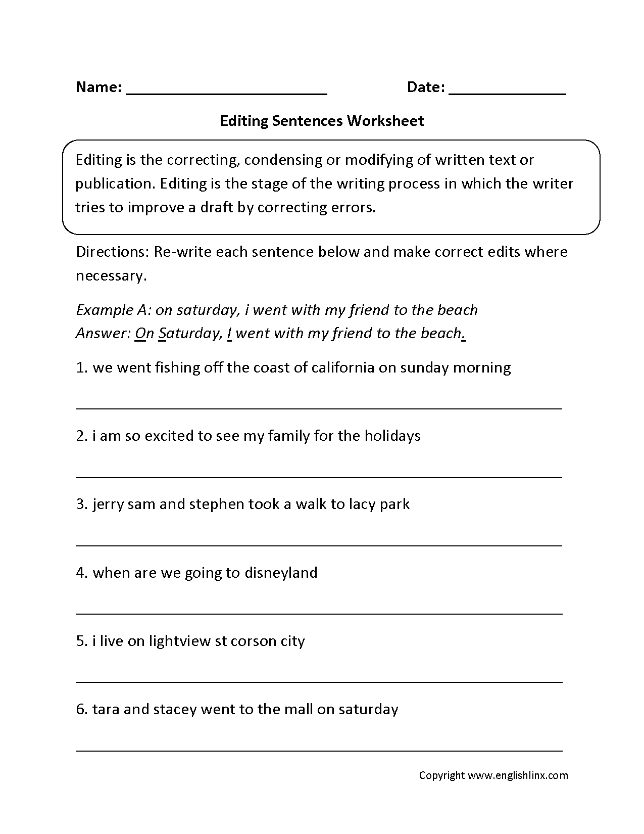 Writing Worksheets Editing Worksheets Worksheets Library
