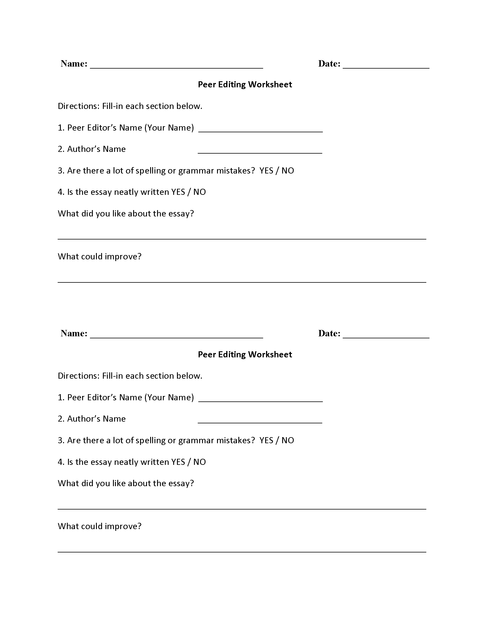 Writing Worksheets Editing Worksheets