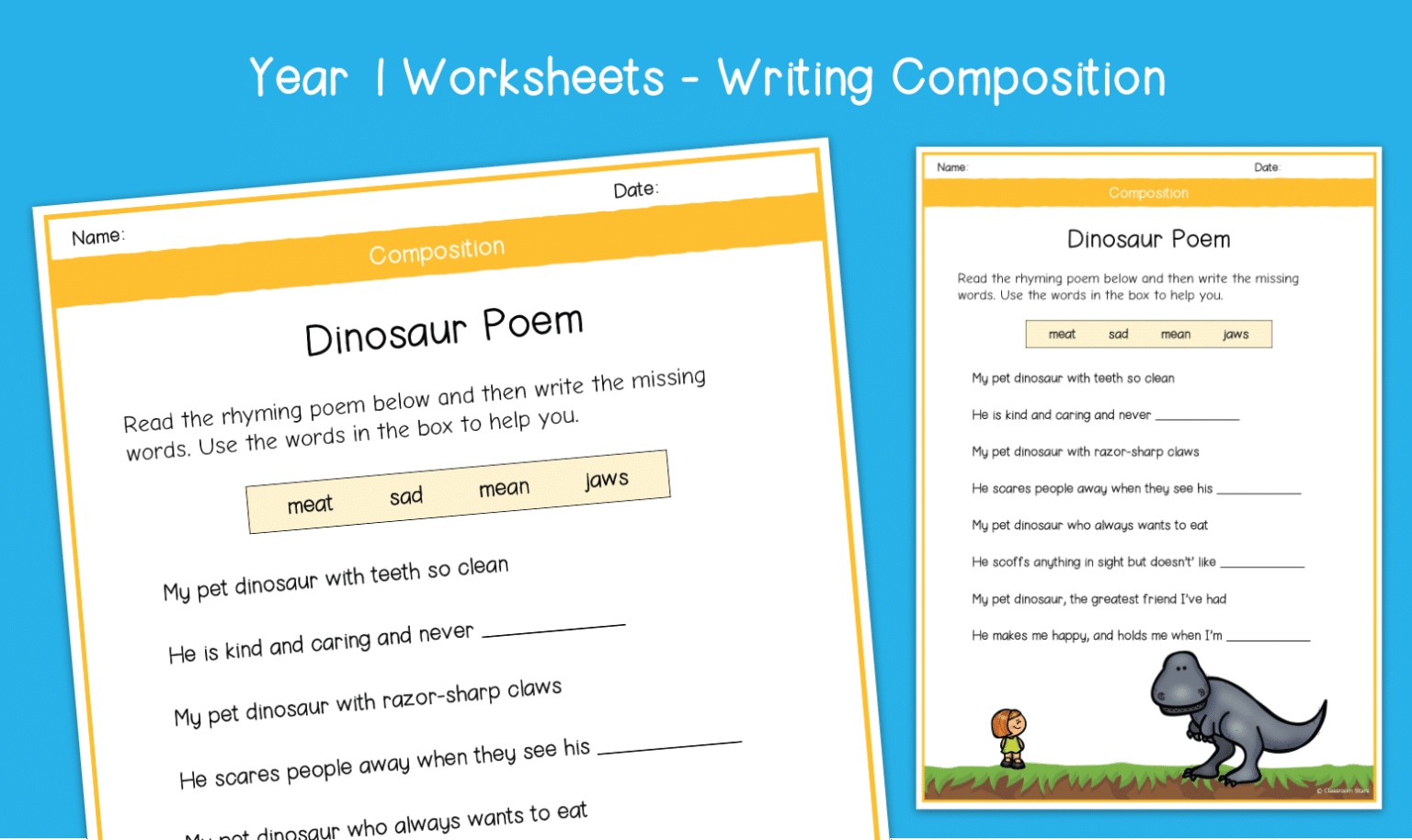 Year 1 Finding Rhyming Words Worksheets Dinosaur Poem KS1 Writing Composition Primary English